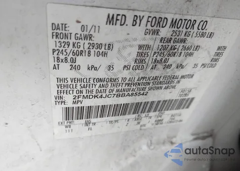 2011 Ford Edge Sel z USA, uszkodzony, nr VIN 2FMDK4JC7BBA85542